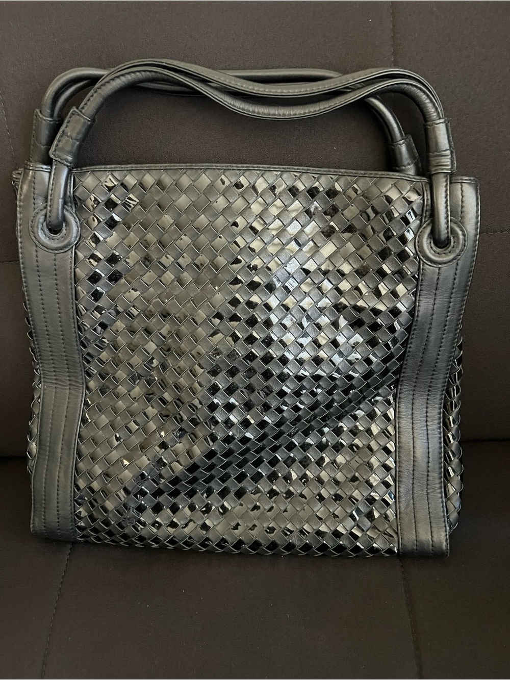 Woven Leather Tote Bag in Black